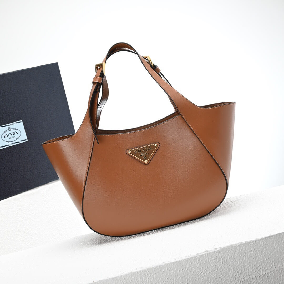 Brown Prada Medium Enamel Triangle Logo Leather Tote Bag (high-end grade) - Image 2