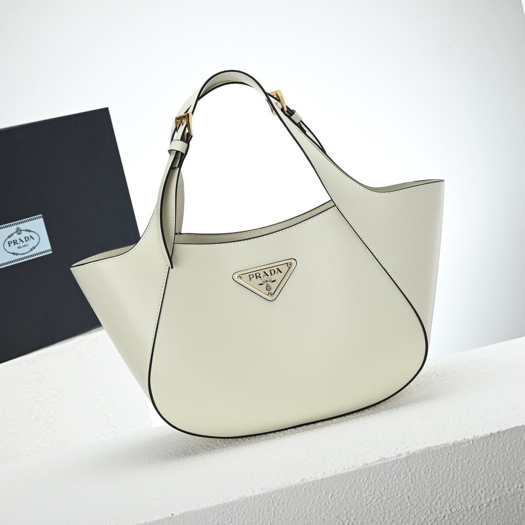 White Prada Medium Enamel Triangle Logo Leather Tote Bag (high-end grade) - Image 2