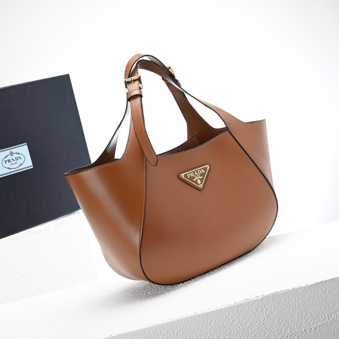 Brown Prada Medium Enamel Triangle Logo Leather Tote Bag (high-end grade) - Image 3