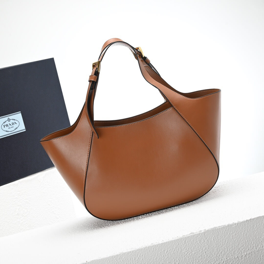 Brown Prada Medium Enamel Triangle Logo Leather Tote Bag (high-end grade) - Image 4