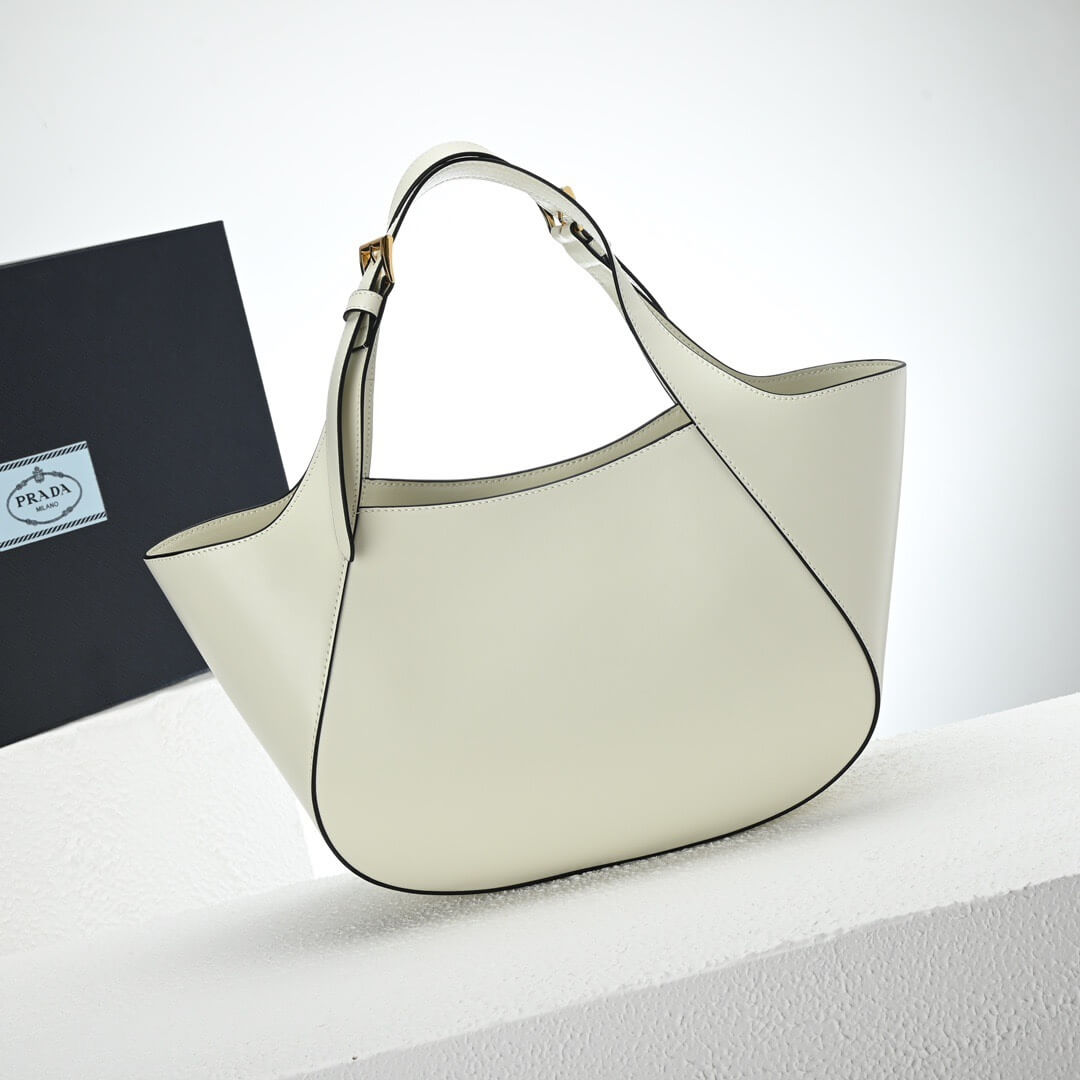 White Prada Medium Enamel Triangle Logo Leather Tote Bag (high-end grade) - Image 4