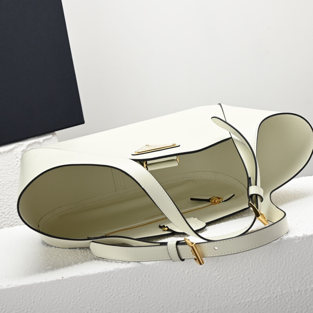 White Prada Medium Enamel Triangle Logo Leather Tote Bag (high-end grade) - Image 8